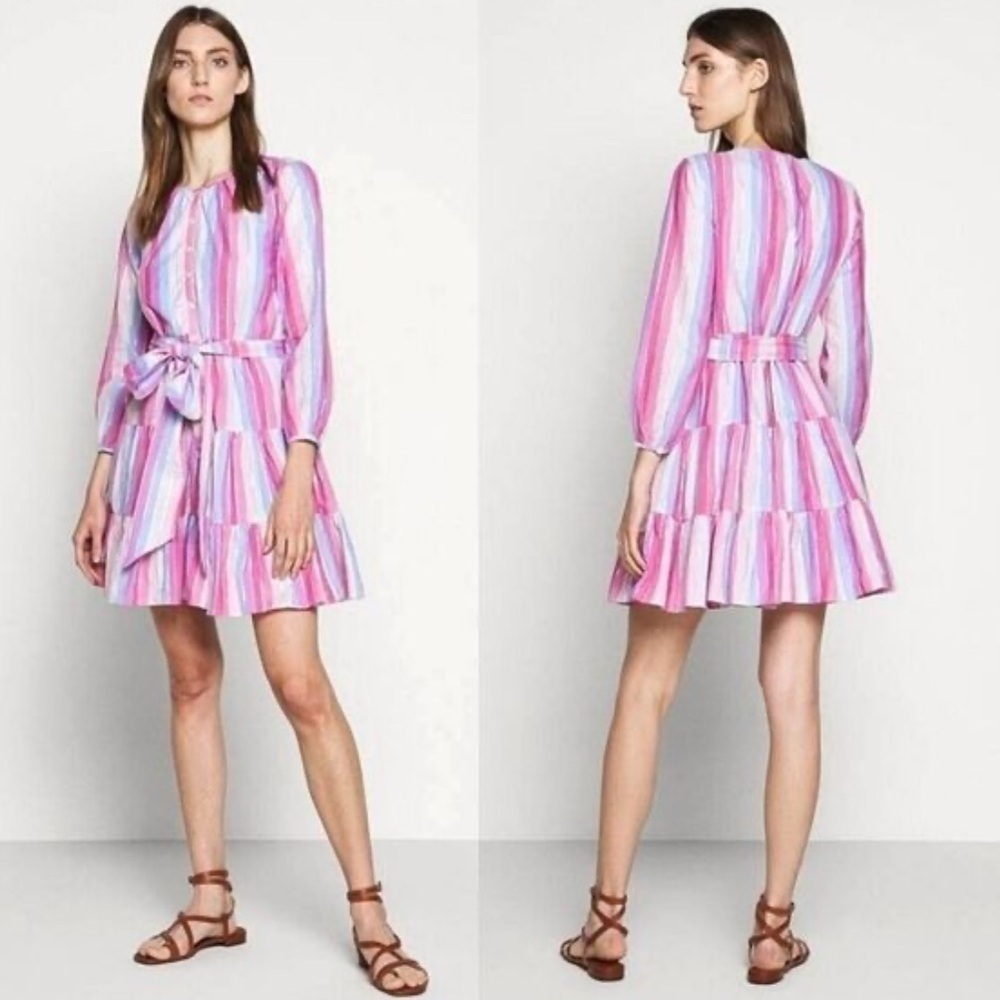 J. Crew Belted Button-up Dress Pastel Stripe Rainbow Pink Purple SZ M Party EUC